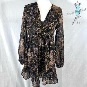 Long sleeve black paisley print chiffon babydoll dress size medium